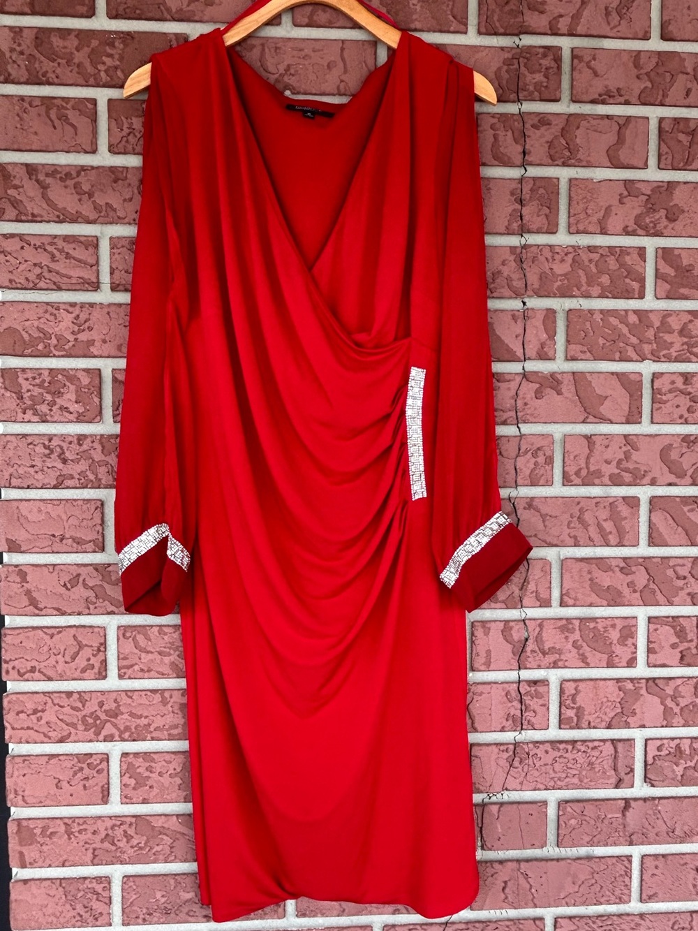 Glamour Red Long-Sleeve Draped Dress with Crystal Trim